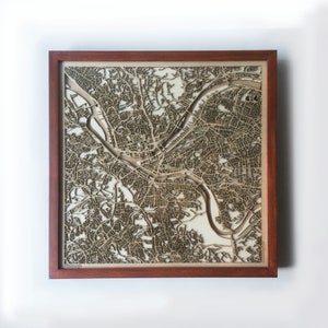 Pittsburgh Wooden Map - Mahogany Laser Cut Streets City Maps 3d Framed Minimal Minimalist Wall Art Wood - Birthday Christmas Wedding Gift
