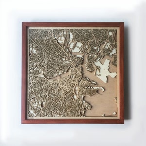 Carte en bois de Boston - acajou découpé au laser en bois rues cartes de la ville 3d encadré art mural minimaliste - cadeau de mariage d&#39;anniversaire Noël