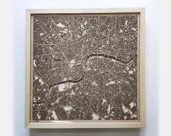 London Wooden Map - Pinewood Laser Cut Streets City Maps 3d Framed Minimal Minimalist Wall Art Wood - Birthday Christmas Wedding Gift