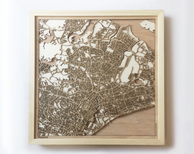 Singapore Wooden Map -Laser Cut Wood Streets City Maps 3d Framed Minimal Minimalist Wall Art - Birthday Anniversary Christmas Wedding Gift