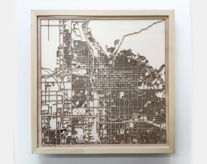 Salt Lake City Wooden Map-Laser Cut Wood Streets Maps 3d Framed Minimal Minimalist Wall Art - Birthday Anniversary Christmas Wedding Gift