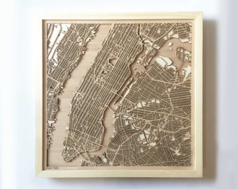 Mapa de madera de Nueva York - Pinewood Laser Cut Streets City Maps 3d Framed Minimal Minimalist Wall Art Wood - Regalo de boda de Navidad de cumpleaños