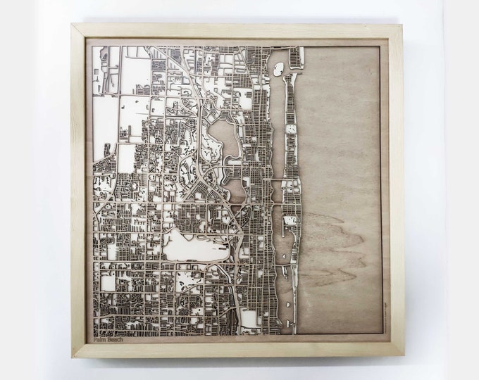 Palm Beach Wooden Map -Laser Cut Wood Streets City Maps 3d Framed Minimal Minimalist Wall Art - Birthday Anniversary Christmas Wedding Gift