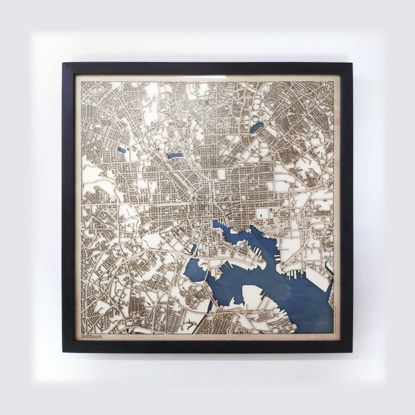 Baltimore Wood Map - 5th Anniversary Gift - Custom Wooden Map Laser Cut Framed Maps Wall Art - Wedding Engagement Gift for Couple