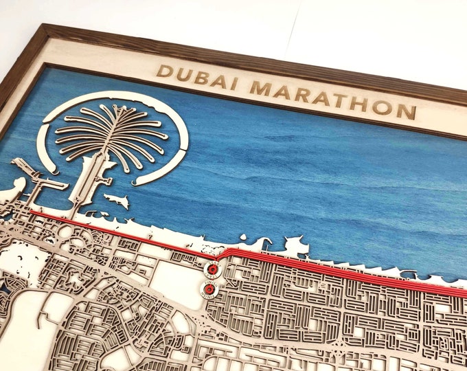 Dubai Marathon Wood Map - 3D Laser Cut Wooden Map