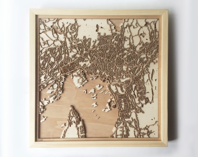 Oslo Wooden Map -Laser Cut Wood Streets City Maps 3d Framed Minimal Minimalist Wall Art - Birthday Anniversary Christmas Wedding Gift
