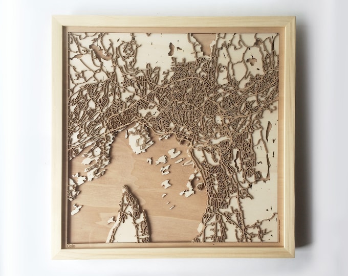 Oslo Wooden Map -Laser Cut Wood Streets City Maps 3d Framed Minimal Minimalist Wall Art - Birthday Anniversary Christmas Wedding Gift