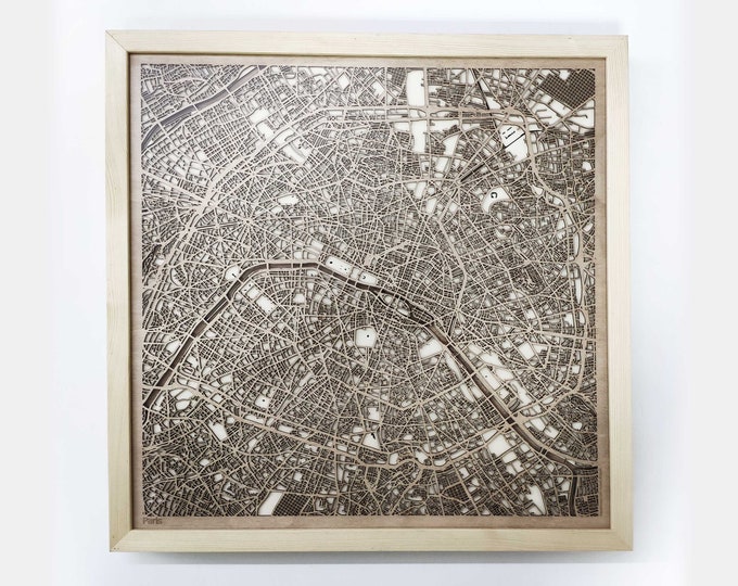 Paris Wooden Map - Pinewood Laser Cut Wood Streets City Maps 3d Framed Minimal Minimalist Wall Art - Birthday Christmas Wedding Gift