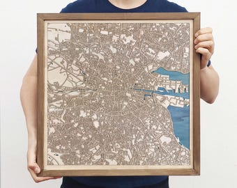 Dublin Wood Map – Laser Cut Custom City Streets, Framed Wall Art