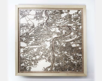 Prague Wooden Map – Laser Cut 3D City Streets, Framed Wall Art