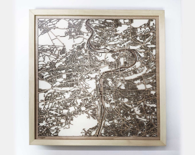 Prague Wooden Map - Laser Cut Wood Streets City Maps 3d Framed Minimal Minimalist Wall Art - Birthday Anniversary Christmas Wedding Gift