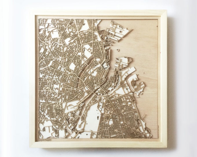 Copenhagen Wooden Map -Laser Cut Wood Streets City Maps 3d Framed Minimal Minimalist Wall Art - Birthday Anniversary Christmas Wedding Gift