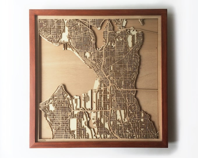 Seattle Wood Map – Mahogany Framed Laser Cut City Streets Art
