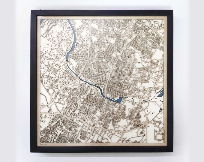 Austin Wood Map - 5th Anniversary Gift - Custom Wooden Map Laser Cut Framed Maps Wall Art - Wedding Engagement Gift for Couple