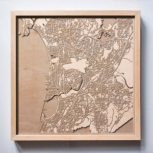 Mumbai Holz Karte - Lasergeschnittene Holz Straßen Stadt Karten 3d gerahmt Minimal Minimalist Wandkunst - Geburtstag Jahrestag Weihnachten Hochzeitsgeschenk