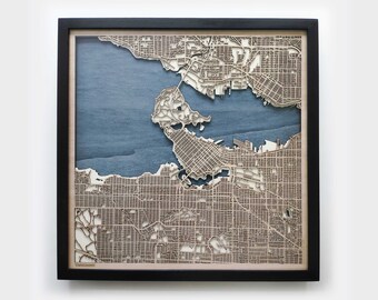 Vancouver Wood Map - 5th Anniversary Gift - Custom Wooden Map Laser Cut Framed Maps Wall Art - Wedding Engagement Gift for Couple
