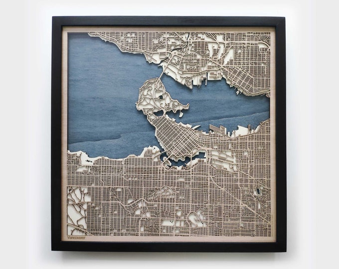 Vancouver Wood Map - 5th Anniversary Gift - Custom Wooden Map Laser Cut Framed Maps Wall Art - Wedding Engagement Gift for Couple