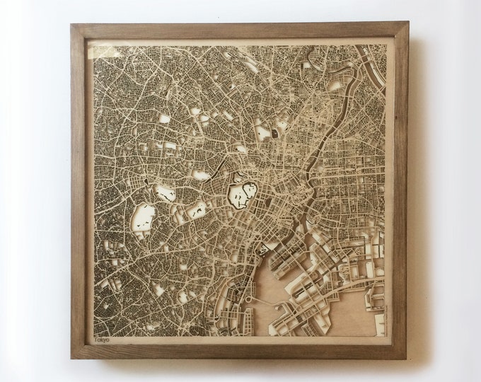 Laser Cut Wooden Map of Tokyo – Framed Minimalist Wall Art