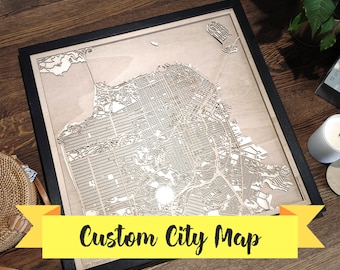 5th Anniversary Gift - Custom Wood Map - Any City - Laser Cut Engagement Gift for Him Her, Wedding Gift for Couple Craftsman