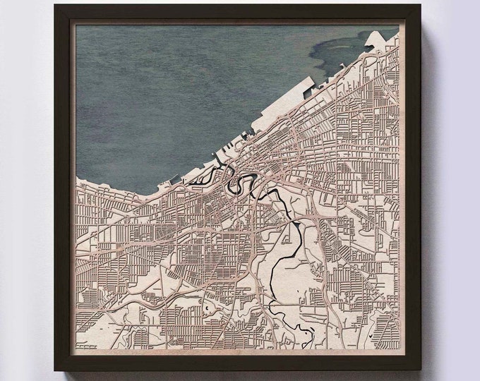 Cleveland Wood Map - 5th Anniversary Gift - Custom Wooden Map Laser Cut Framed Maps Wall Art - Wedding Engagement Gift for Couple