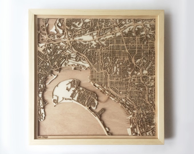 San Diego Wooden Map - Pinewood Laser Cut Wood Streets City Maps 3d Framed Minimal Minimalist Wall Art - Birthday Christmas Wedding Gift