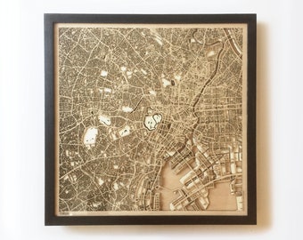 Laser Cut Wood Map of Tokyo – Framed 3D City Streets Wall Art