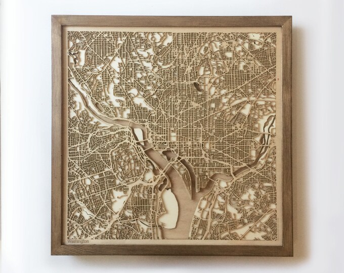 Laser Cut Wooden Map of Washington – Framed 3D Wall Art