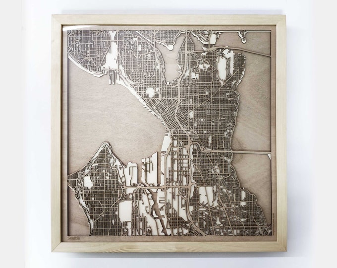 Seattle Wooden Map - Pinewood Laser Cut Wood Streets City Maps 3d Framed Minimal Minimalist Wall Art -Birthday Christmas Wedding Gift