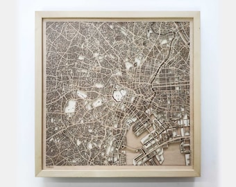 Tokyo Wooden Map - Pinewood Laser Cut Wood Streets City Maps 3d Framed Minimal Minimalist Wall Art - Birthday Christmas Wedding Gift