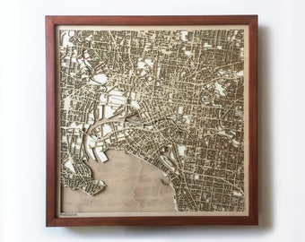 Melbourne Wooden Street Map – 3D Laser Cut Mahogany Framed Art