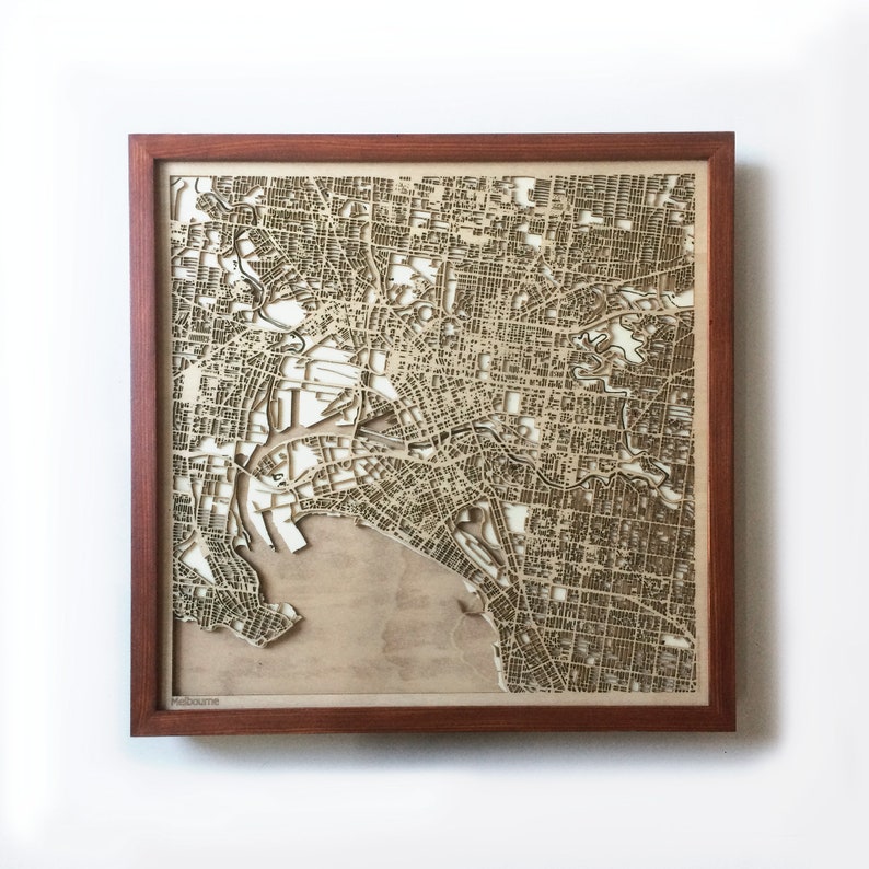 Melbourne Wooden Map Mahogany Laser Cut Wood Streets City Maps 3d Framed Minimal Minimalist Wall Art Birthday Christmas Wedding Gift image 1