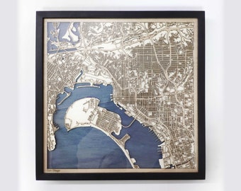 San Diego Wood Map – Framed Laser Cut City Art, Anniversary Gift