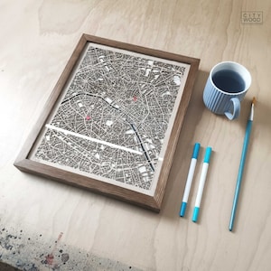 Houten kaart van Parijs - 3D-lasergesneden kaart