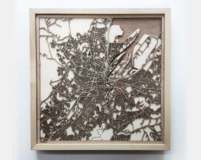 Belfast Wooden Map -Laser Cut Wood Streets City Maps 3d Framed Minimal Minimalist Wall Art - Birthday Anniversary Christmas Wedding Gift