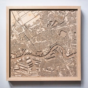 Carte en bois de Rotterdam - Cartes de la ville en bois découpé au laser 3D encadré Art mural minimaliste - Anniversaire d'anniversaire, cadeau de mariage de Noël