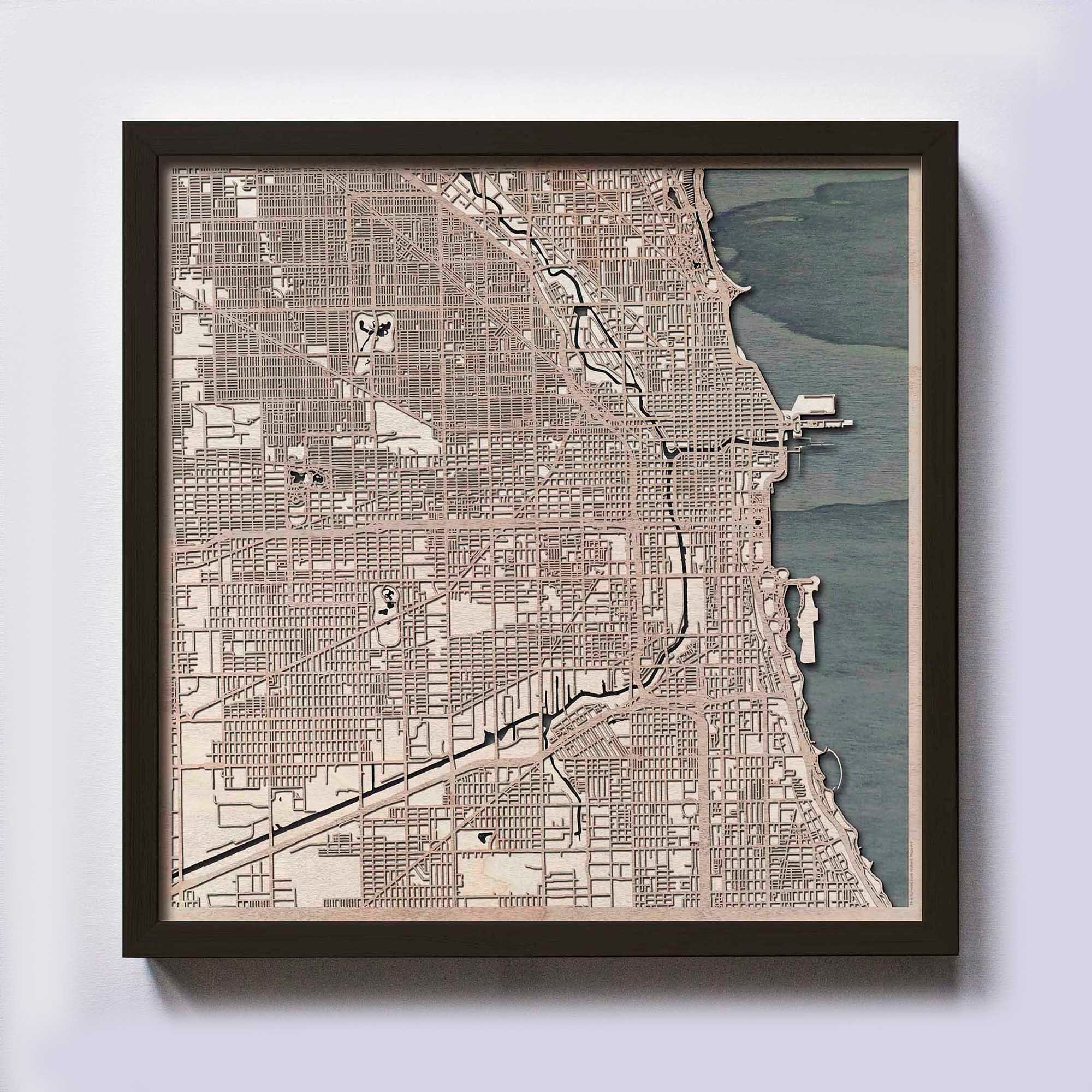 Framed Maps Wall Art Chicago Wood Map 5Th Anniversary Gift Custom Wooden Map | Etsy