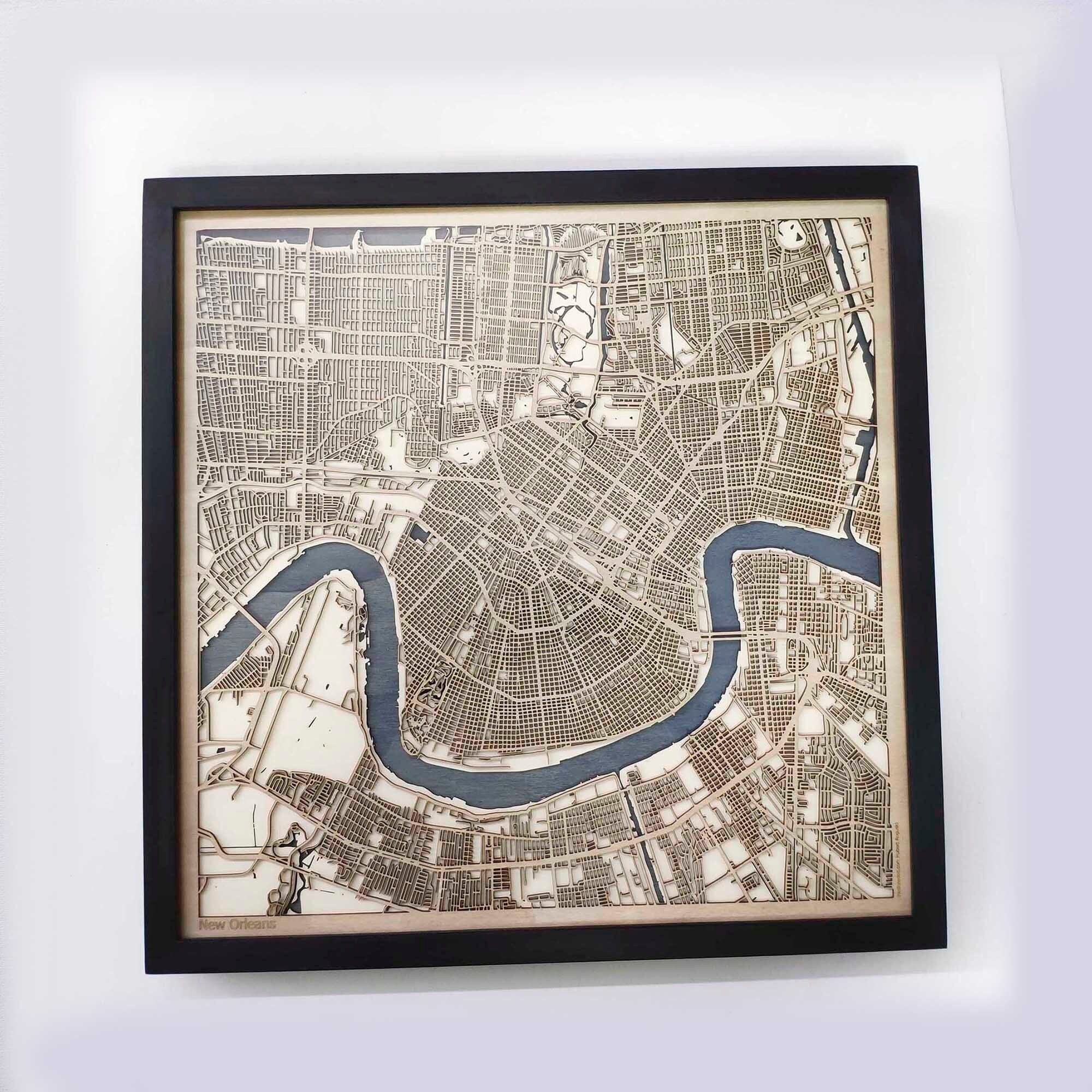 New Orleans Wood Map Laser Cut Custom Map Streets City 3d Framed Wooden Maps Travel Wall Art Birthday Christmas Gift Wedding Gifts