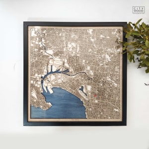Houten kaart van Melbourne: 3D-lasergesneden kaart