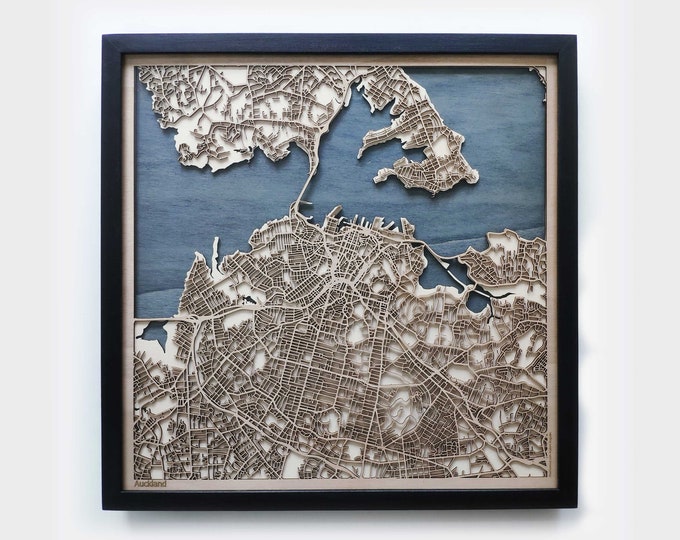 Auckland Wood Map - 5th Anniversary Gift - Custom Wooden Map Laser Cut Framed Maps Wall Art - Wedding Engagement Gift for Couple