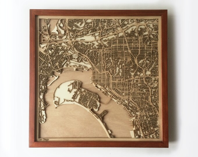 San Diego Wooden Map – 3D Laser Cut Mahogany City Streets Art