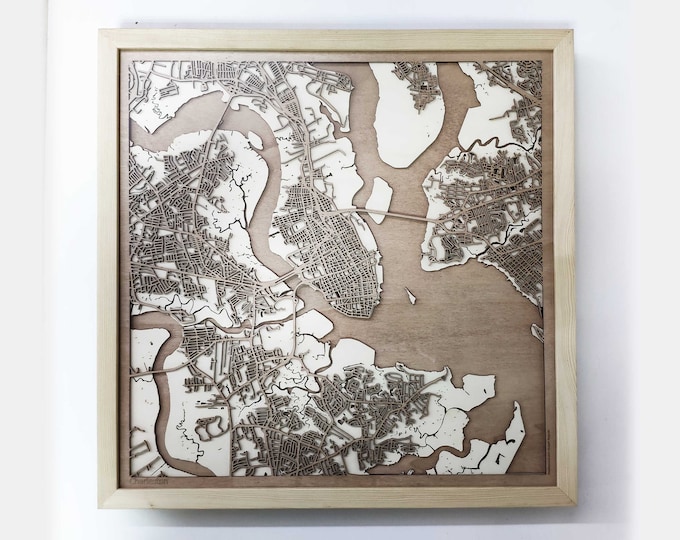 Charleston Wooden Map - Pinewood Laser Cut Streets City Maps 3d Framed Minimal Minimalist Wall Art Wood - Birthday Christmas Wedding Gift