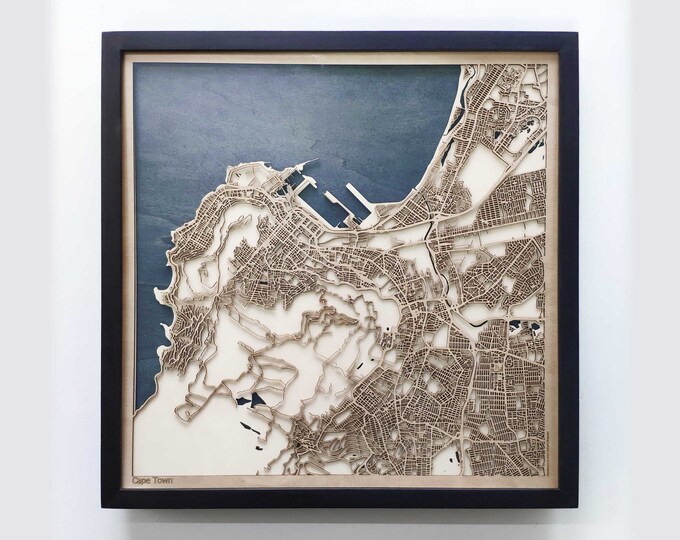 Cape Town Wood Map - 5th Anniversary Gift - Custom Wooden Map Laser Cut Framed Maps Wall Art - Wedding Engagement Gift for Couple