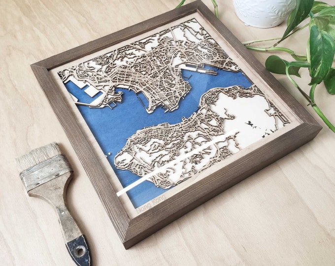 Hong Kong Wooden Map - Laser Engraved