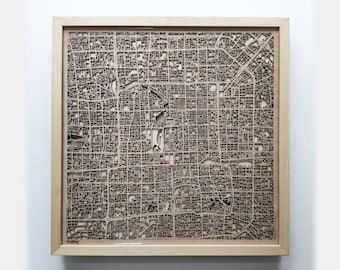 Beijing Wooden Map - Pinewood Laser Cut Streets City Maps 3d Framed Minimal Minimalist Wall Art Wood - Birthday Christmas Wedding Gift