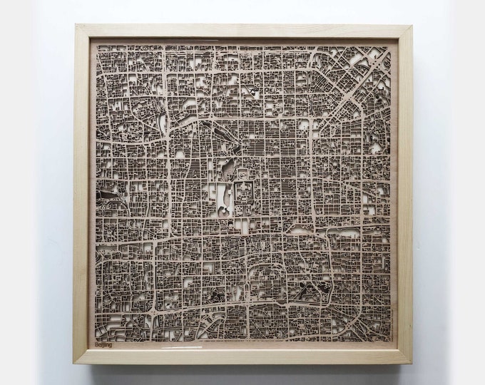 Beijing Wooden Map - Pinewood Laser Cut Streets City Maps 3d Framed Minimal Minimalist Wall Art Wood - Birthday Christmas Wedding Gift