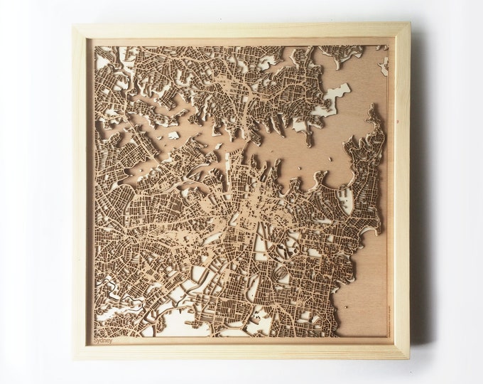 Sydney Wooden Map -Laser Cut Wood Streets City Maps 3d Framed Minimal Minimalist Wall Art - Birthday Anniversary Christmas Wedding Gift