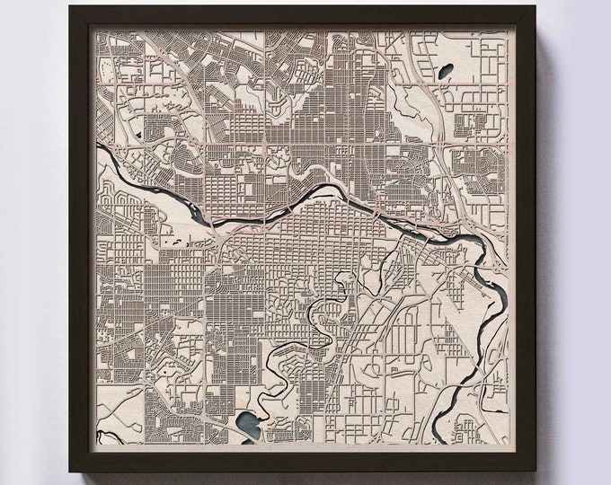 Calgary Wood Map - 5th Anniversary Gift - Custom Wooden Map Laser Cut Framed Maps Wall Art - Wedding Engagement Gift for Couple