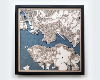 Hong Kong Wood Map – Laser Cut City Streets, Framed Wall Art
