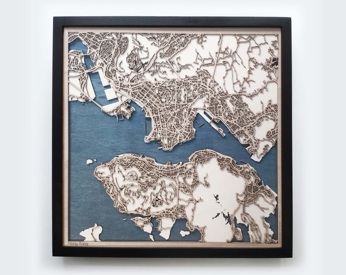 Hong Kong Wood Map - 5th Anniversary Gift - Custom Wooden Map Laser Cut Framed Maps Wall Art - Wedding Engagement Gift for Couple