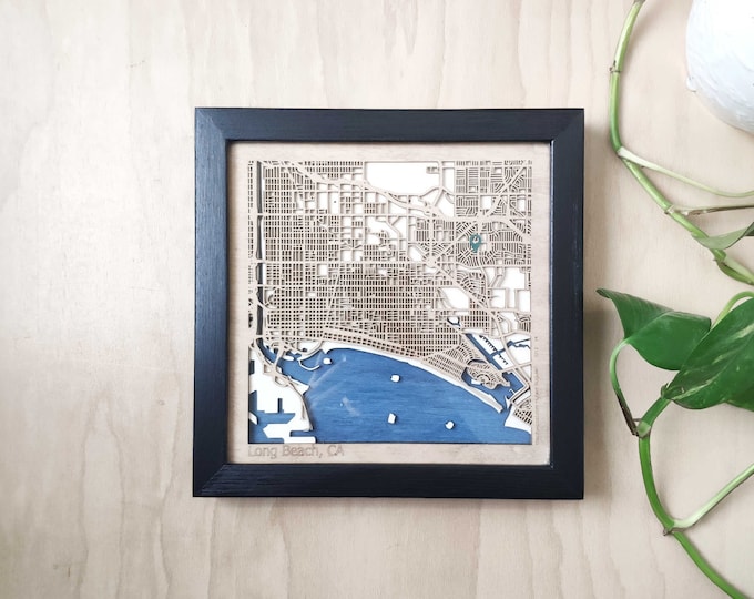 Long Beach Wooden Map - Laser Engraved